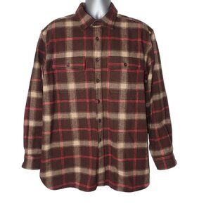 Mens Brown & Beige Long Sleeve Plaid Flannel Button-Up Shirt With Red Accents Si